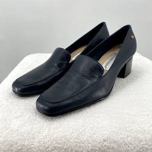 Etienne Aigner Navy Blue Painter Leather Classic Block Heels | Loafers Size 7N